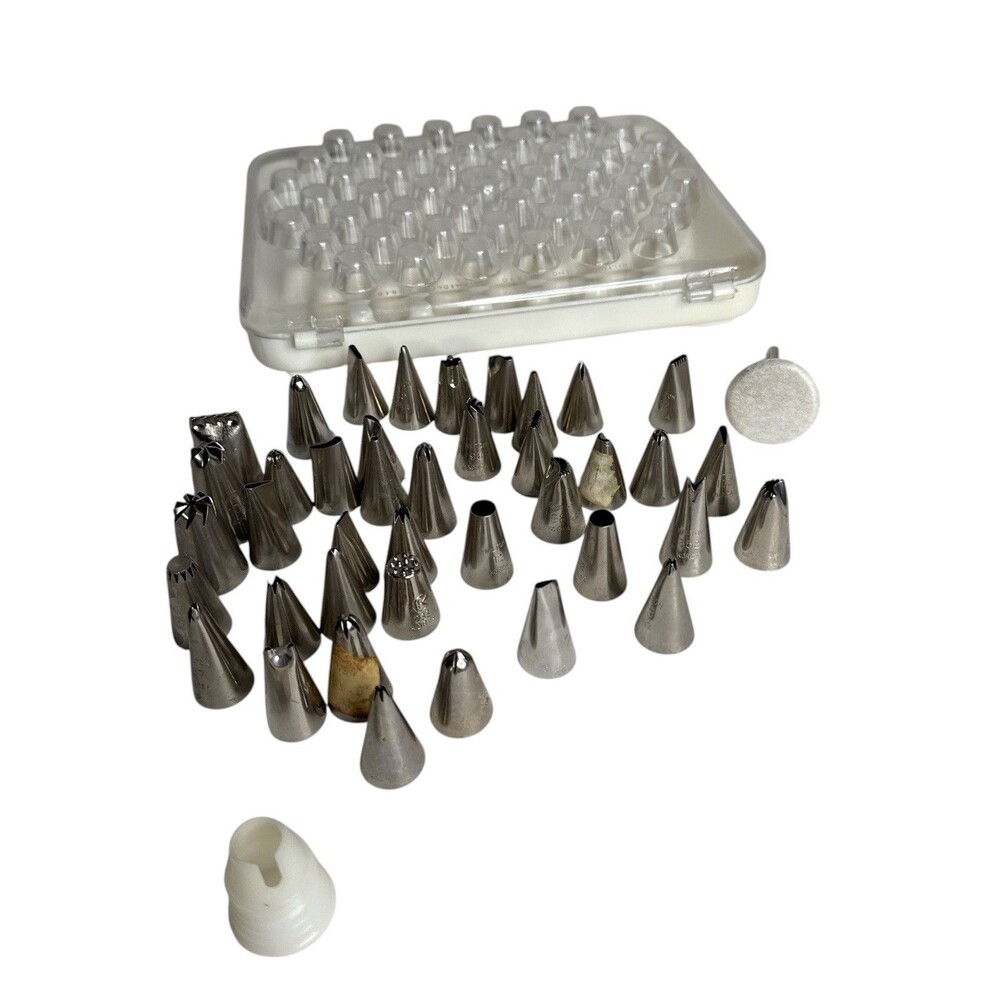 Vintage Wilton Cake Decorating Tips Lot 40 Metal Tips Flower Nail Case Coupler